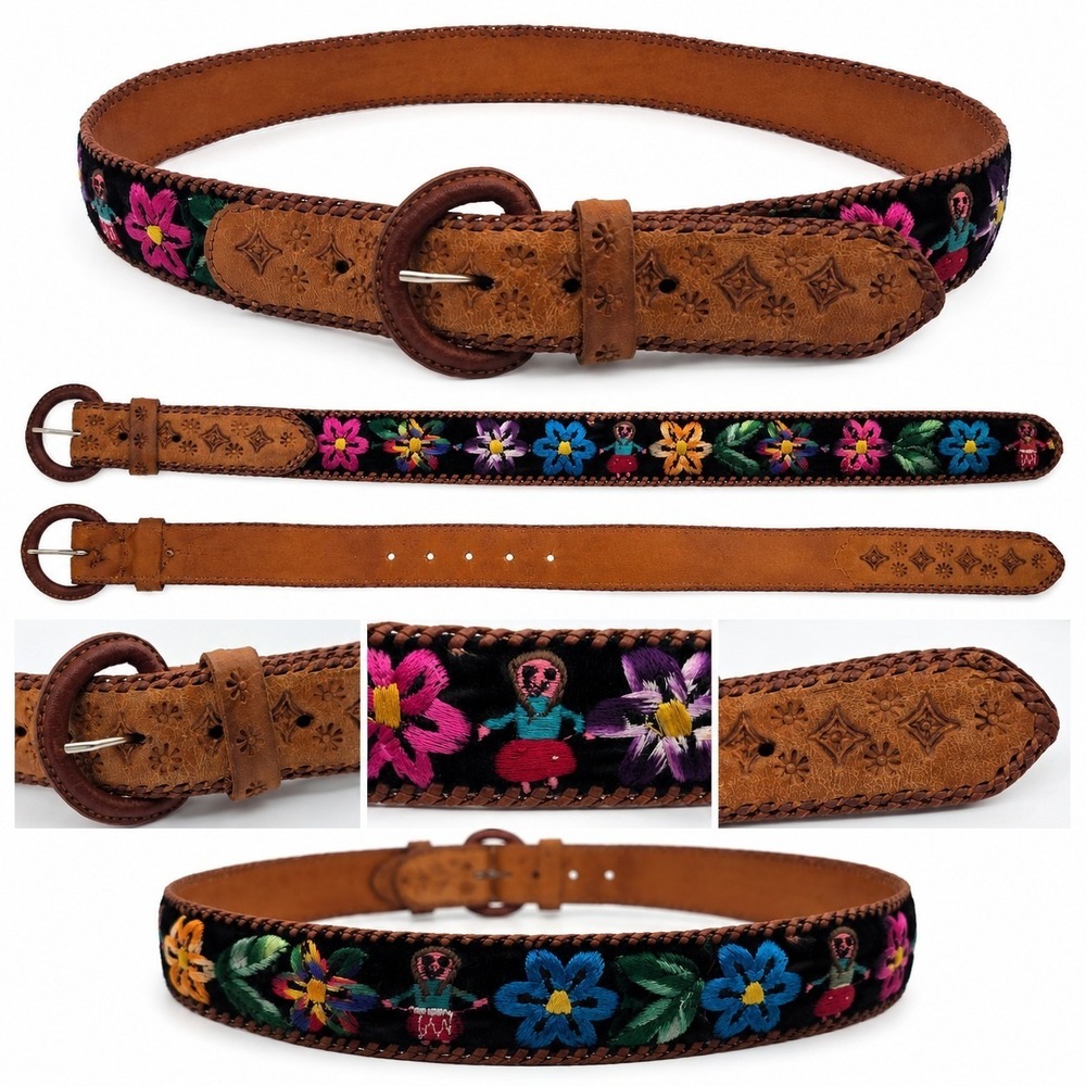 Vintage Leather Belt 32 Latin Folk Art Embroidered Floral‎ Tooled Boho Western